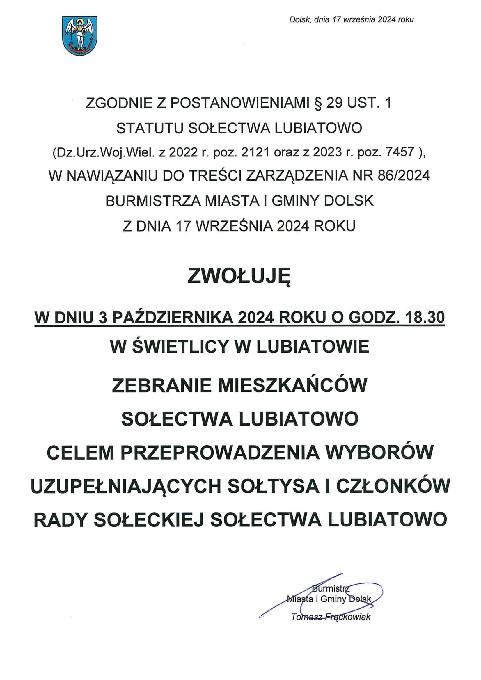 Informacja o zebraniu mieszkańców sołectwa Lubiatowo - 1