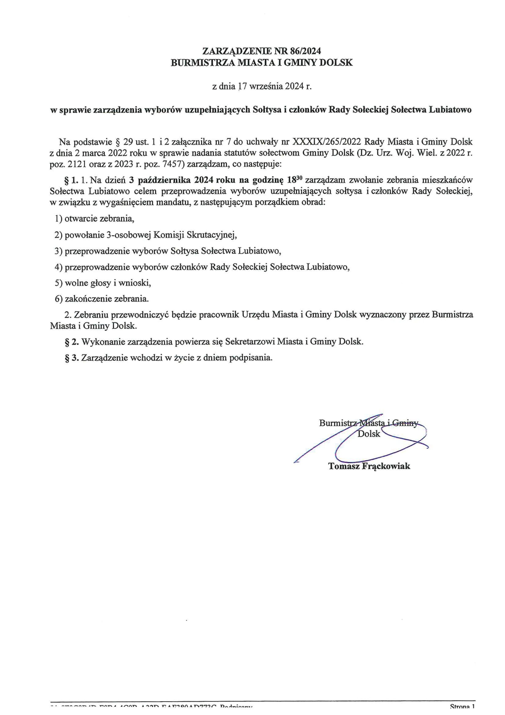 Informacja o zebraniu mieszkańców sołectwa Lubiatowo - 2