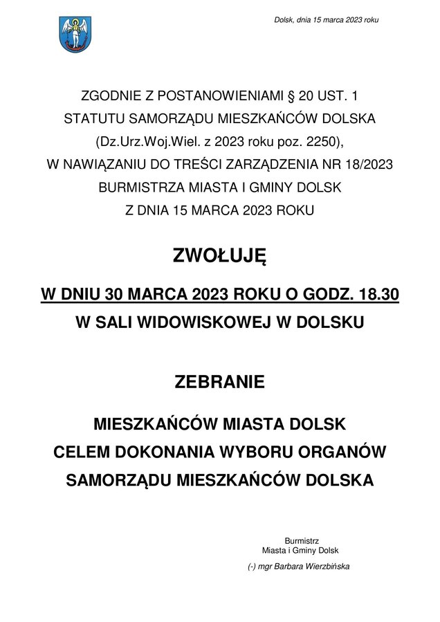 Ogłoszenie o zebraniu mieszkańców miasta Dolsk - plakat